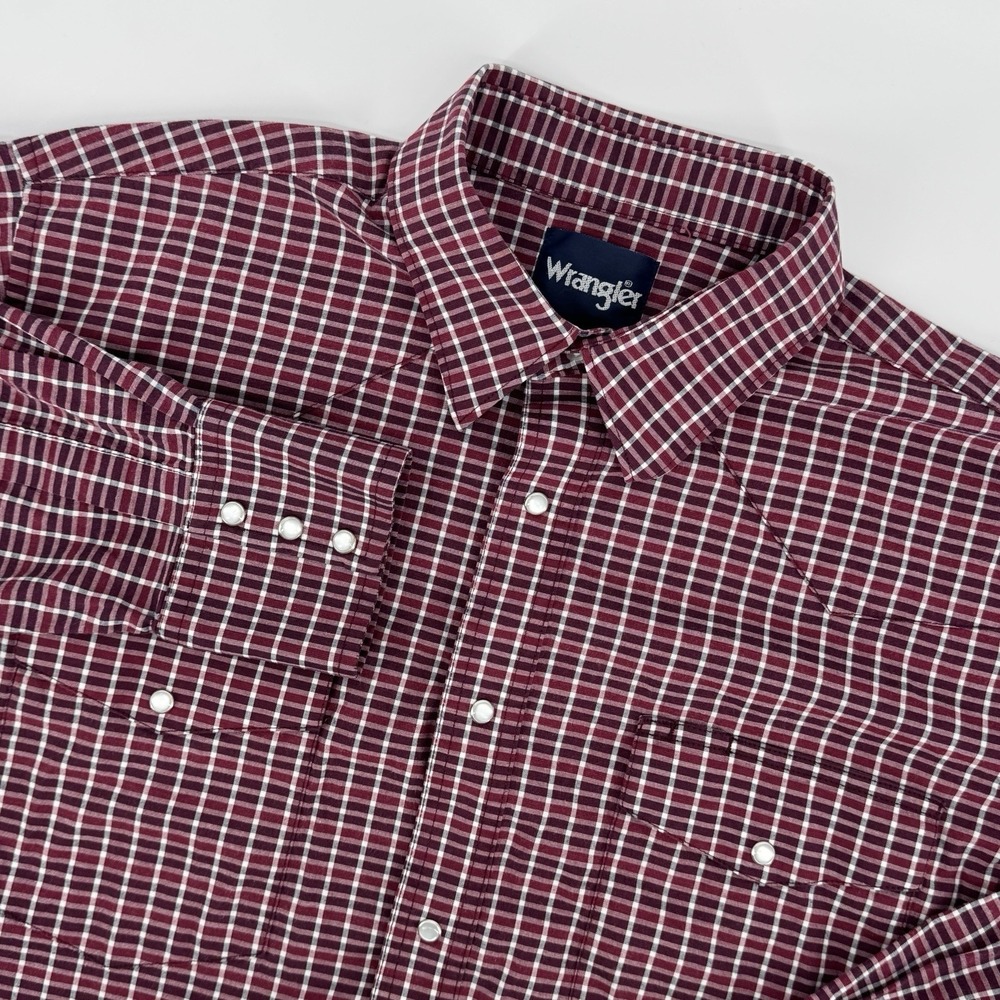 Wrangler Men's XL Burgundy Wine  Plaid Western Snap Shirt Long Sleeve‎ Stretch